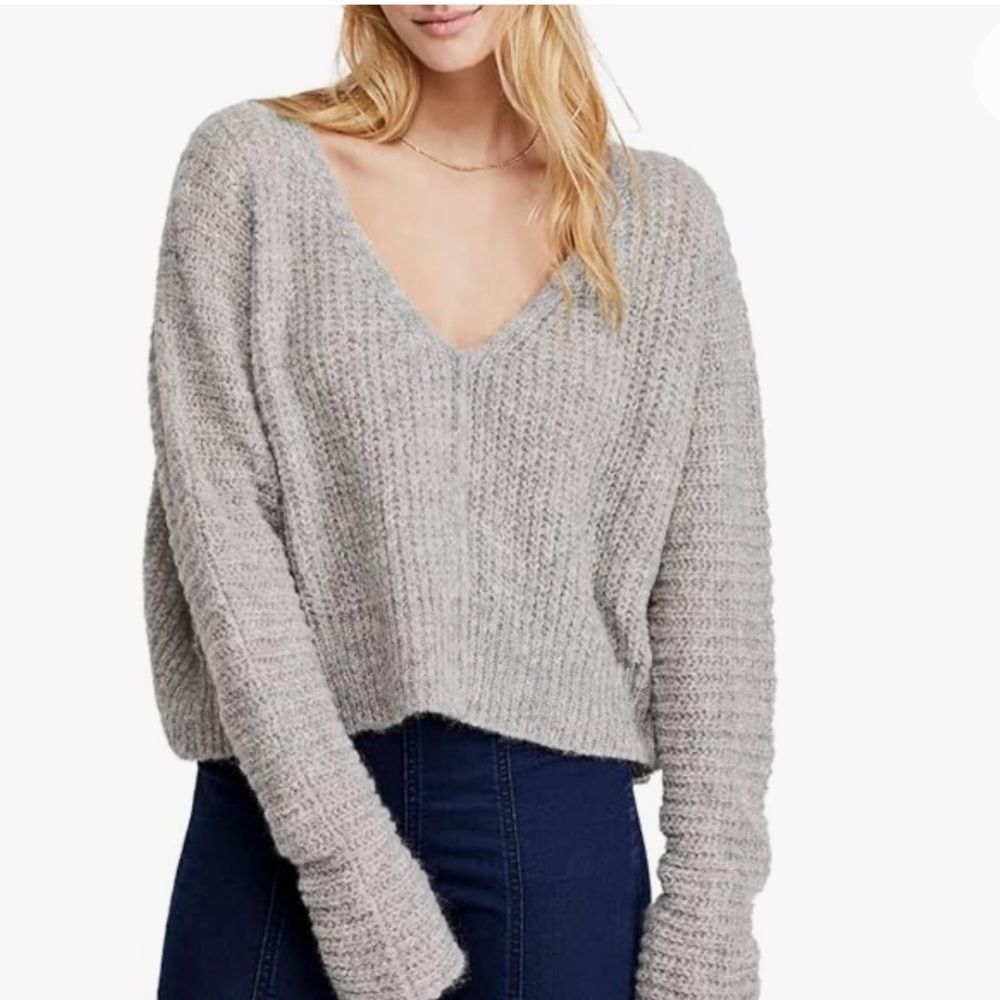 Free People Moonbeam Slouchy Ribbed Knit Long Sleeve V-Neck Pullover Sweater